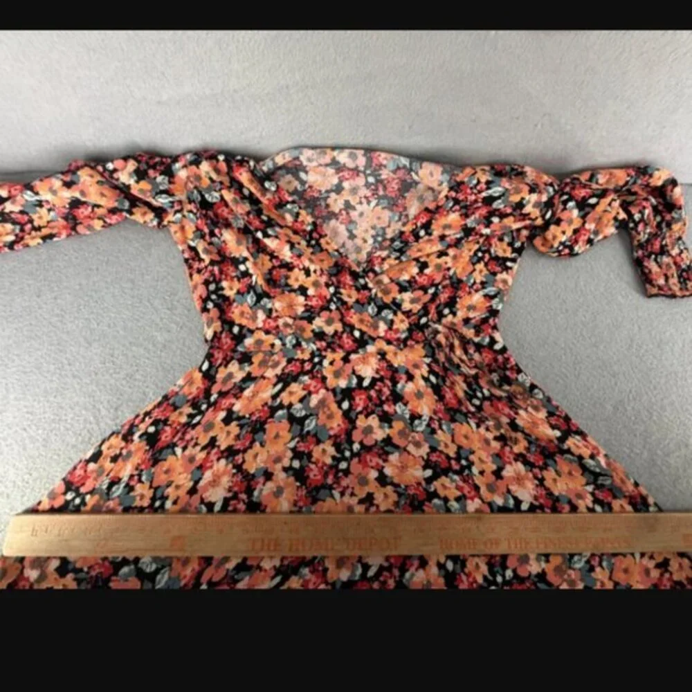 Wild Fable‎ Mini Faux Wrap Dress Womens M Orange Black Ditsy Print Whimsigoth